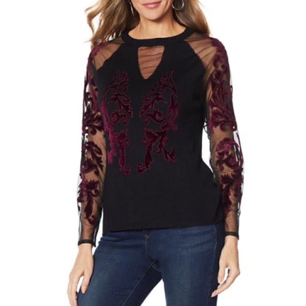 Coleen Lopez mesh sleeve and velvet sweater. Sz L